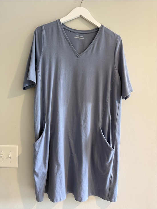 Eileen Fisher Dresses & Skirts - Eileen Fisher V-Neck Short Sleeve Shirt Dress in Dusty Blue Pockets Large